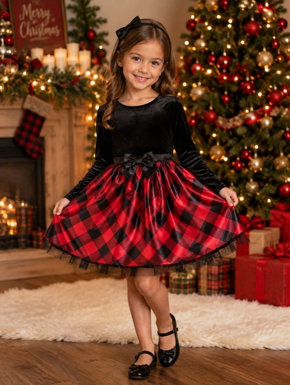Cat & Jack velvet Long Sleeve dress, buffalo Plaid Skirt Bow Black Red Size 6
